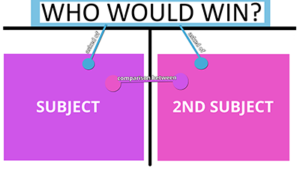 The "Who Would Win" meme is faded in the image with coloration and lines indicating entities and relationships that convey the meme's structure. This specific version conveys a more general version of the meme that simply invites discussion and comparison.