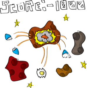 Colored digital drawing of several asteroids, and on the center one a spaceship has impacted and broken into pieces. The text Score: -1000 appears above in a pixel style font. This is an event card from the Prometheusaurus game.
