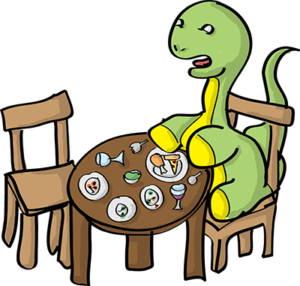 Colored digital drawing of a brontosaurus sitting at a dining table with several finished plates of food in front of him.This is an event card from the Prometheusaurus game.