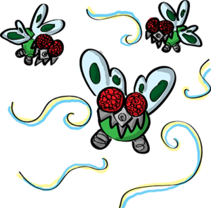 Colored digital drawing of several bugs resembling flies that have technological modifications to their facial area. This is an event card from the Prometheusaurus game.