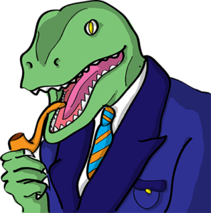 Colored digital drawing of a raptor in suit coat and tie with a pipe. This is an event card from the Prometheusaurus game.