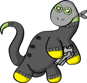 Colored digital drawing of a brontosaurus in a black knit suit and a grey ski mask holding a piece of steel. This is an event card from the Prometheusaurus game.