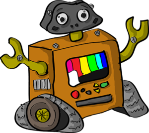 Colored digital drawing of a robot with tired treads and a screen on its front featuring colored bars. This is an event card from the Prometheusaurus game.