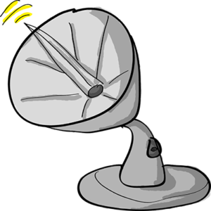 Colored digital drawing of a satellite dish which is emitting a signal. This is an event card from the Prometheusaurus game.