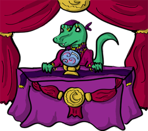 Colored digital drawing of a raptor wearing fortune telling clothes and sitting at a table draped in fancy cloth with a crystal ball on it. There is a curtain hung behind the raptor. This is an event card from the Prometheusaurus game.