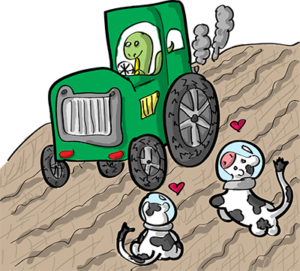 Colored digital drawing of a brontosaurus driving a tractor over tilled land, while cows with space helmets look on with hearts above their heads. This is an event card from the Prometheusaurus game.