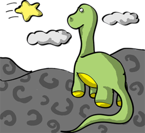 Colored digital drawing of a brontosaurus looking out from a rocky landscape at a shooting star. This is an event card from the Prometheusaurus game.