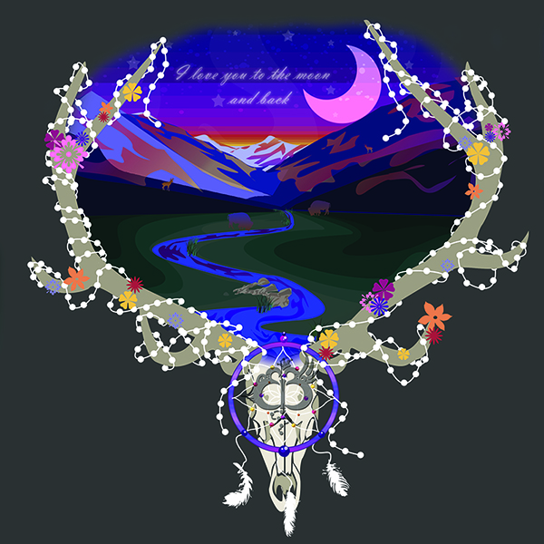 Graphic featuring a pink moon in a night sky with a faint sunrise over the horizon. Snow peaked mountains reflect colors from the sunrise. The plain below has a winding river running through it, with silhouettes of buffaloes feeding near it and silhouettes of deer along the mountain ridges. The text "I love you to the moon and back" is written in the sky. This scene is held within the antlers of a deer skull, with pearl beads and flowers adorning the antlers. The head of the skull features a dreamcatcher that the pearls extend from, with feathers hanging down from it.