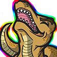 Colored digital drawing of a goldenrod T-Rex with its head raised skyward and mouth open happily. It is surrounded in a rainbow aura, evoking similarity to the He-Man "Hey-yay" meme