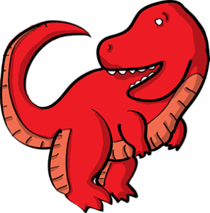 Colored digital drawing of a red tyrannosaurus rex. This is a player character option from the Prometheusaurus game.