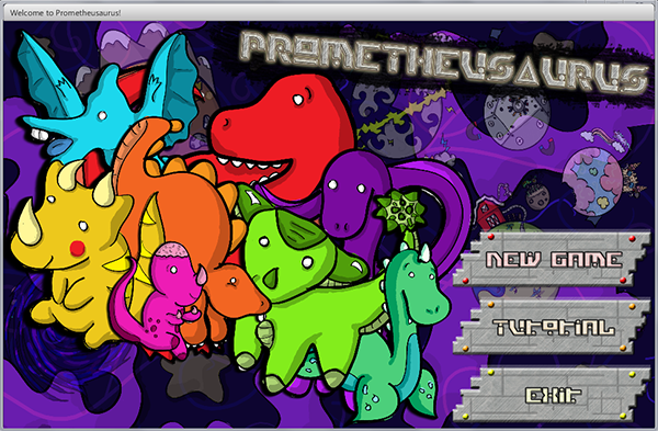 Screenshot of the title screen for the Prometheusaurus game. A group shot of all the dinosaur player characters sits on a purple space backdrop that has faded images of the resource planets behind it. Three technological looking buttons indicated "New Game", "Tutorial", and "Exit" as options