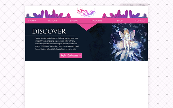 A mockup of this site created in Photoshop, featuring cut crystals and the logo nested on top of a pink navigation banner, a dark blue hero image with text and CTA to the left and a magical image to the right, and space for content below. The content area sits on a backdrop with hearts and stars that resembles a tufted piece of fabric.
