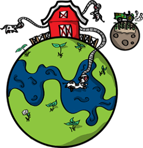 Colored digital drawing of a grassy planet with a barn atop it, out of which several cows are attached via tubes and space helmets. A soil-based moon orbits with a tractor on it and corn growing. This is a planet tile in the Prometheusaurus game.